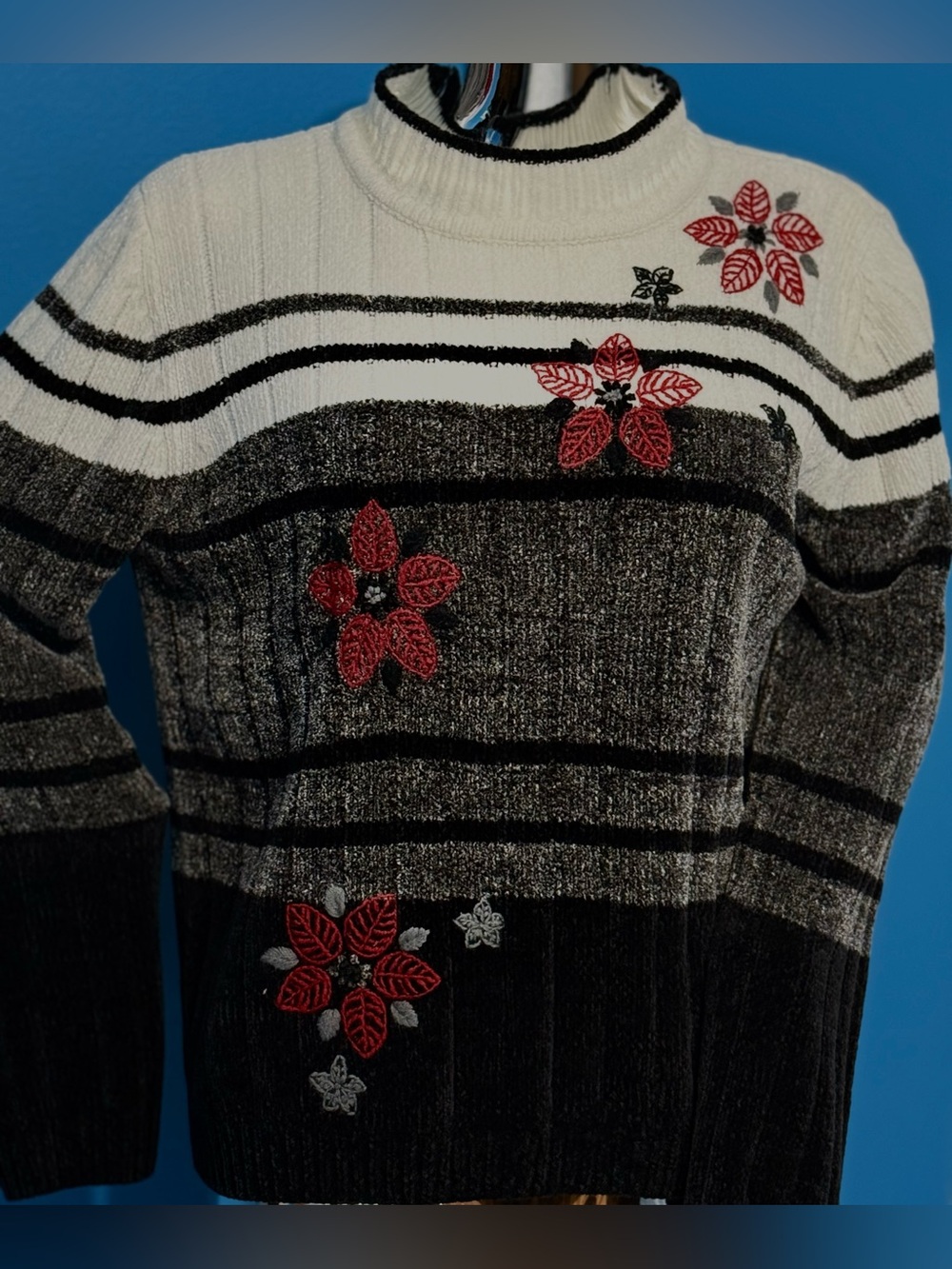 Alfred Dunner Holiday Inspired Women’s Sweater with Red Floral Embroidery